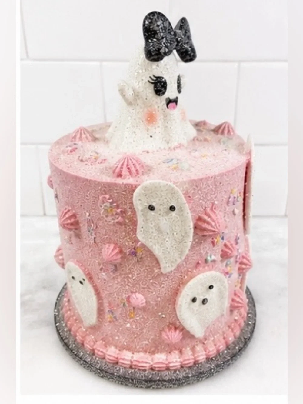 Pink Faux Cake Ghost Figurine Halloween Pastel Goth Decor Black Bow New